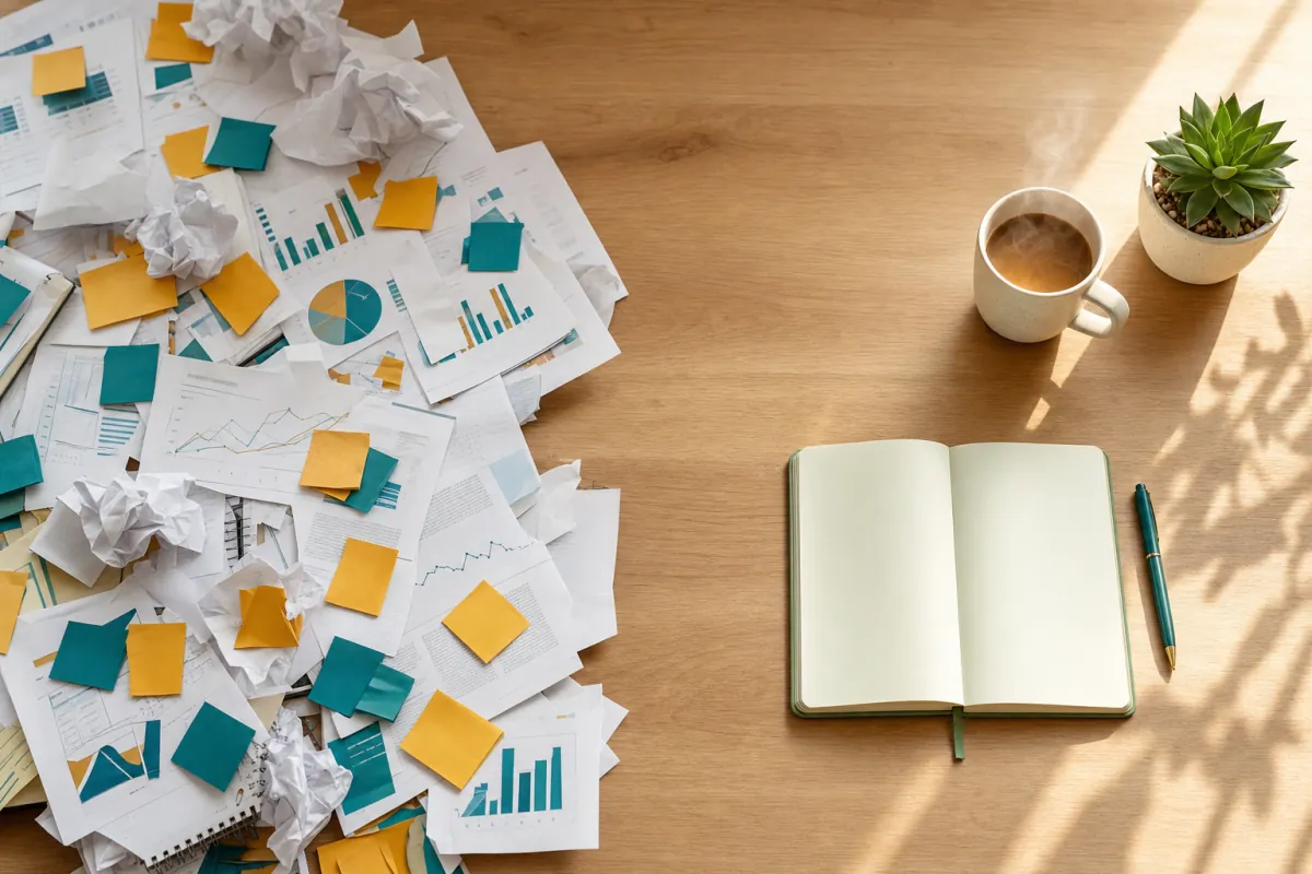 Vom Chaos zur Klarheit: zerknüllte Marketing-Pläne neben einem aufgeschlagenen Notizbuch