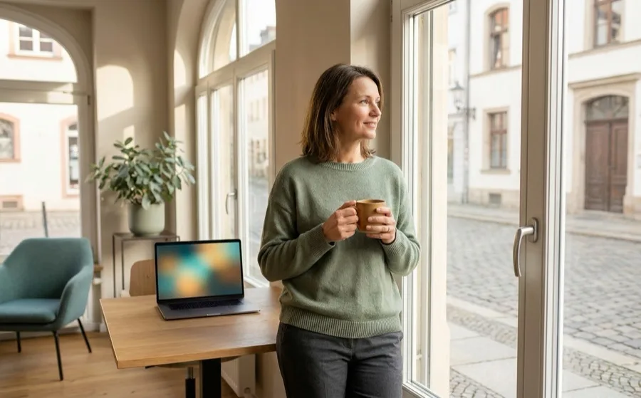 Frau macht entspannt Kaffee-Pause, während ihr Laptop im Hintergrund arbeitet